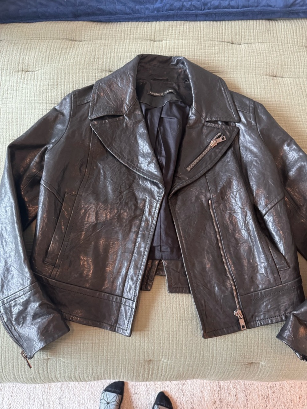 Andrew Marc Black Shiny Leather Moto Jacket